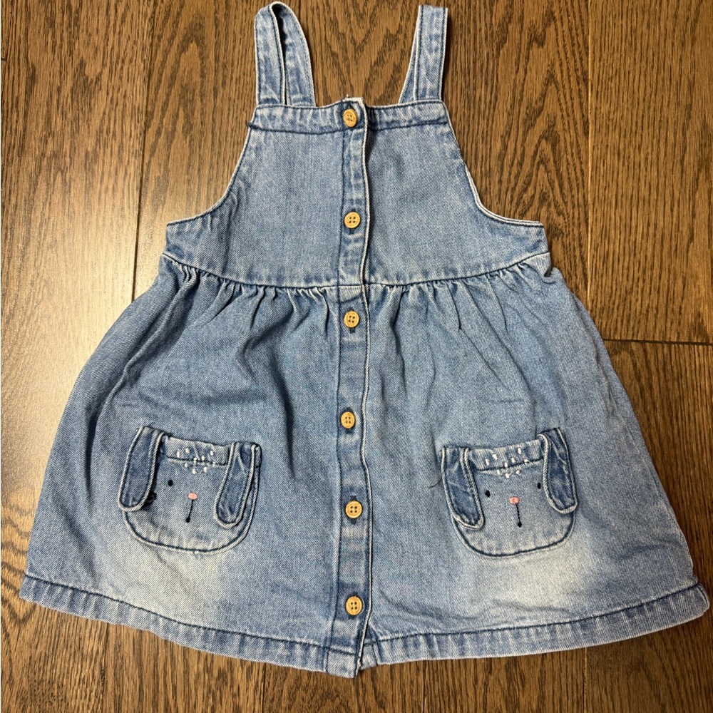 F&F Blue Denim Kids Overall Dress with Bunny Pockets size 18/24M